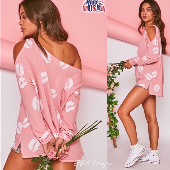 New! Sale!🔥 Barbie Pink w/ Lips Asymmetrical Cut Out Shoulder Cold Shoulder Top - Picture 7 of 9